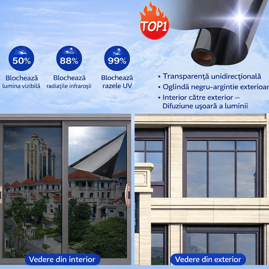 Folie Geam Efect Oglindă 60x300 cm – Folie Solară Reflectorizantă pentru Protecție UV, Reducere Căldură și Intimitate [2]