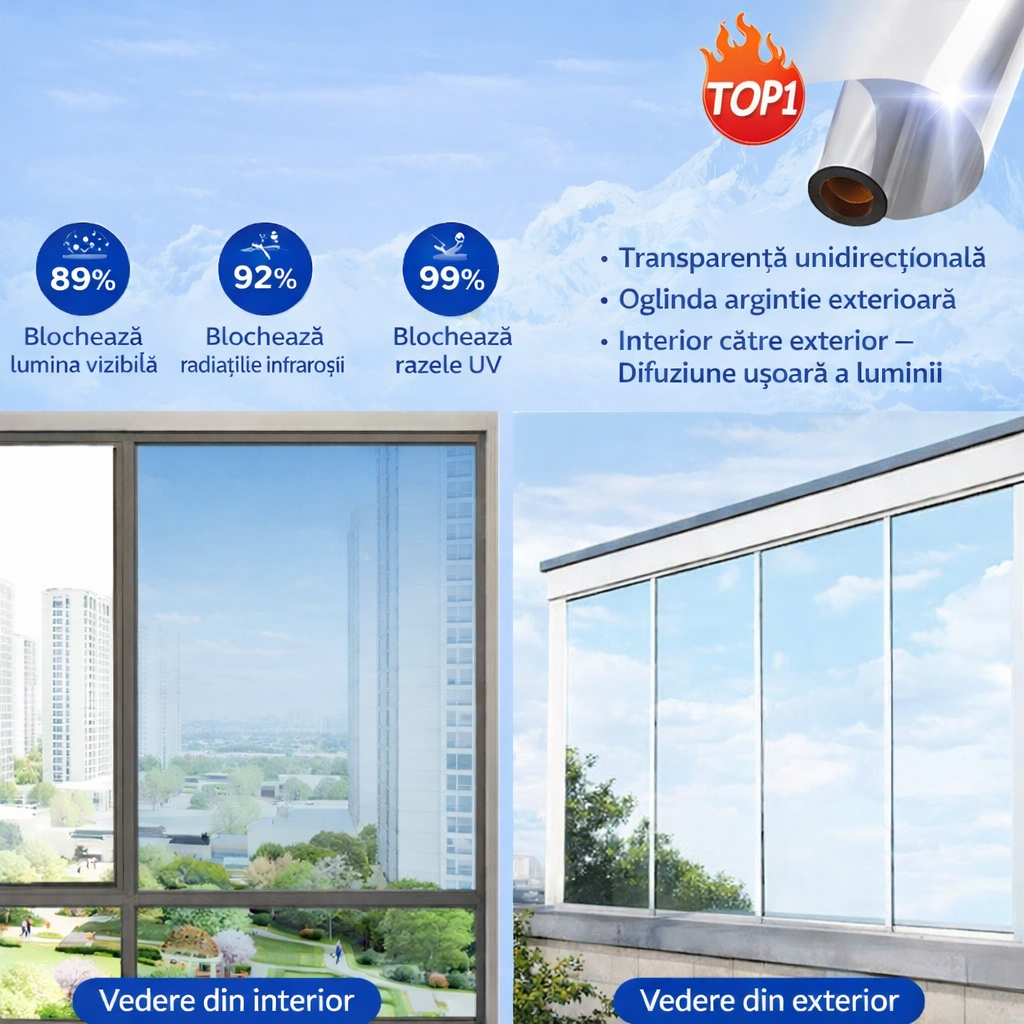 Folie Reflexivă pentru Geamuri Interioare cu Efect Oglindă – Protecție Solară UV 60 × 300 cm [2]