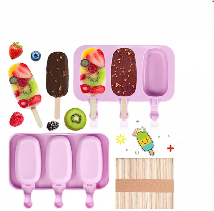 Forma inghetata cu 3 compartimente, din silicon alimentar, 50 de bete, Forma ovala, Mov, 19 x 11 cm, TopBazar [3]