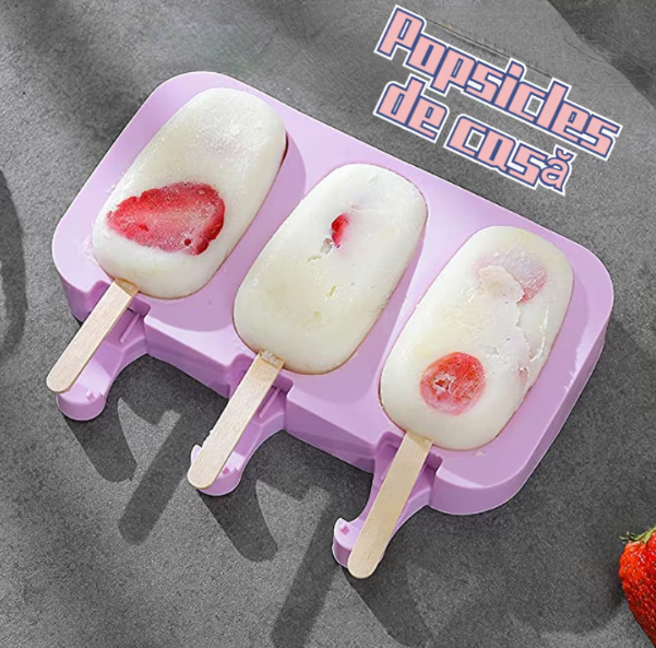 Forma inghetata cu 3 compartimente, din silicon alimentar, 50 de bete, Forma ovala, Mov, 19 x 11 cm, TopBazar [2]