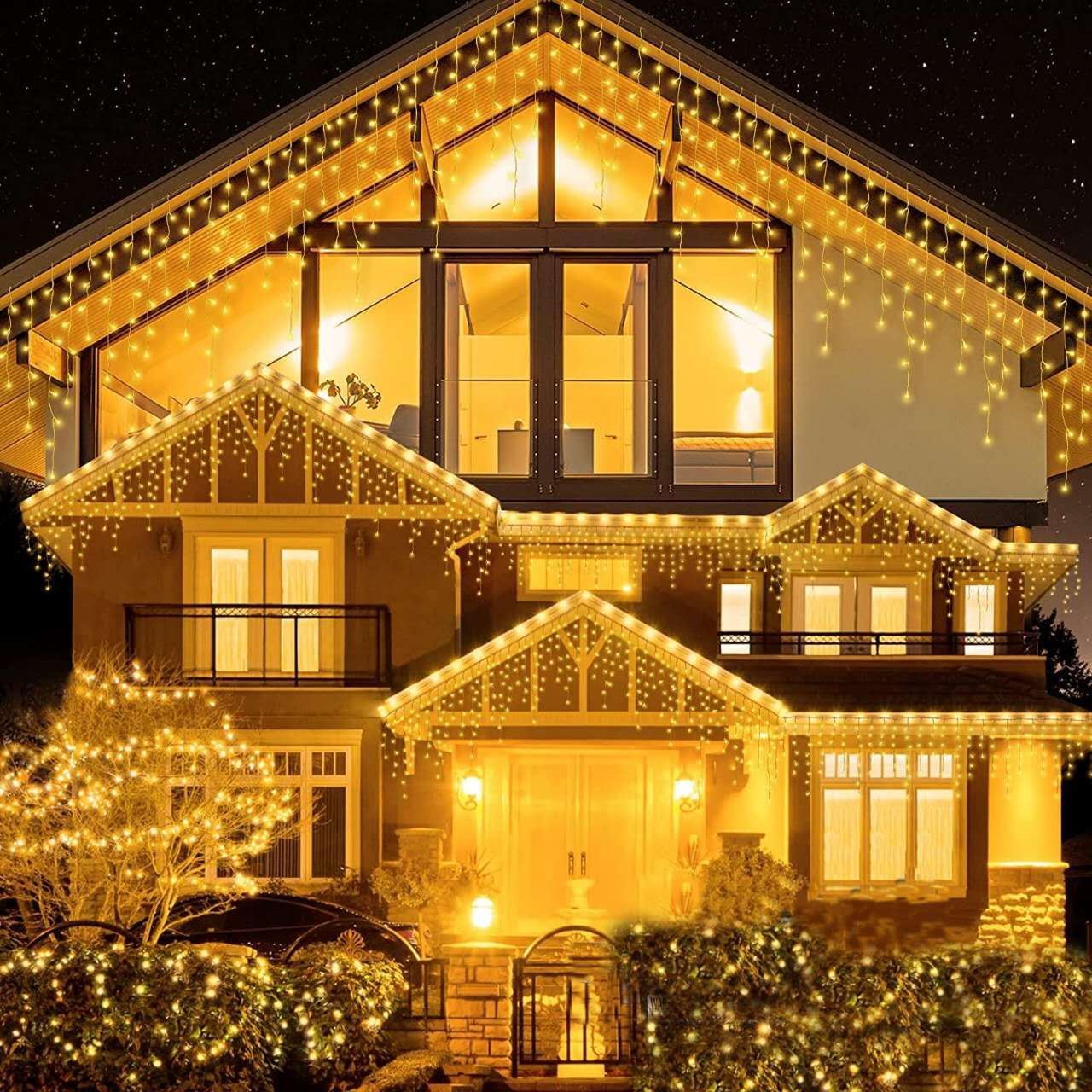 Instalație Crăciun Țurțuri BZRSH, 23.5 m, 500 LED-uri Alb Cald – Perdea Franjuri Rezistentă la Apă IP45, Exterior/Interior, Interconectabilă, Fir Alb Gros [4]