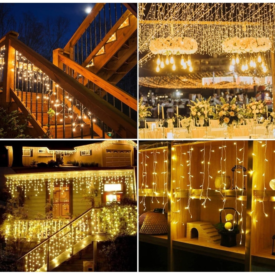 Instalație Crăciun Țurțuri BZRSH, 23.5 m, 500 LED-uri Alb Cald – Perdea Franjuri Rezistentă la Apă IP45, Exterior/Interior, Interconectabilă, Fir Alb Gros [6]