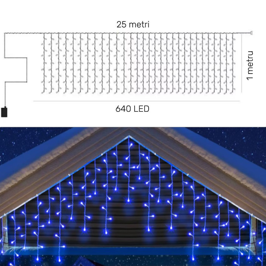 Instalatie LED Craciun 25m x 1m, Franjuri, 640 LED-uri Albastru, 8 Moduri, Alimentare 220V, Interconectabila – Ghirlanda Turturi Exterior/Interior Festiv​​​​​​​, BZRSH [4]