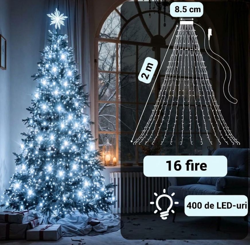 Instalatie Luminoasa Cascada pentru Brad, Alb Rece, 400 LED, 16 Siruri x 2 m, 8 Moduri, IP44 [2]