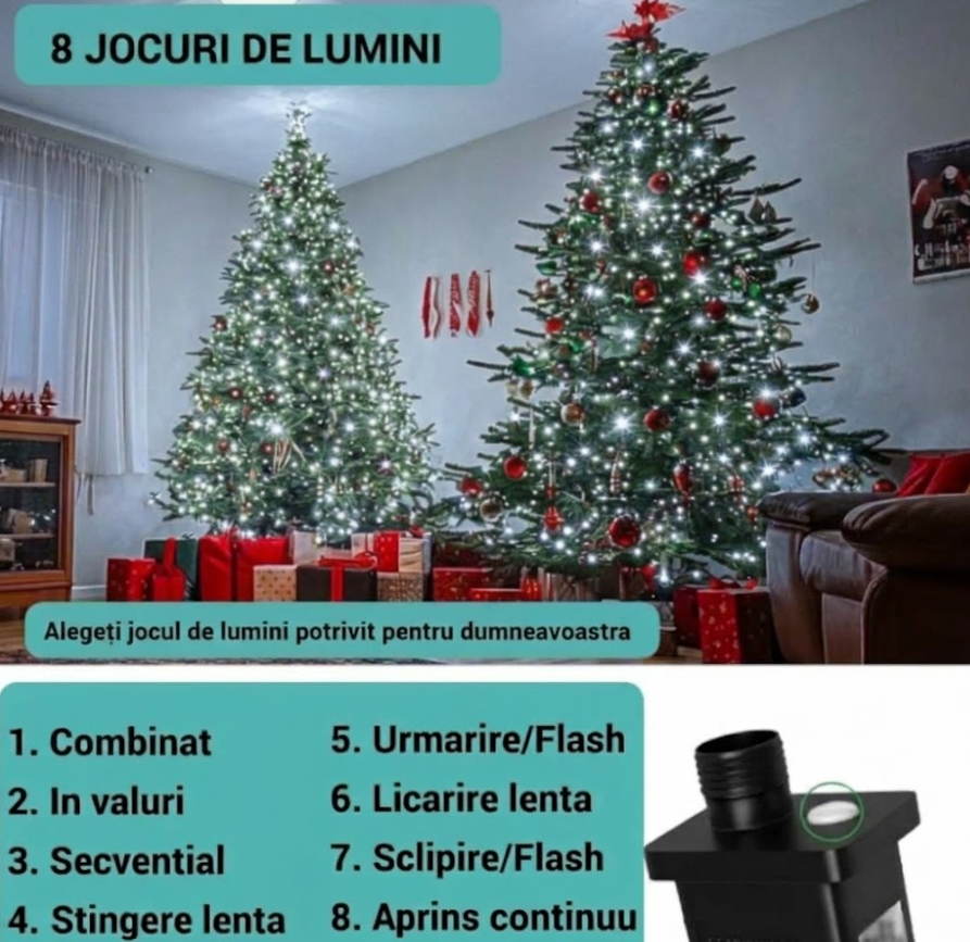 Instalatie Luminoasa Cascada pentru Brad, Alb Rece, 400 LED, 16 Siruri x 2 m, 8 Moduri, IP44 [7]