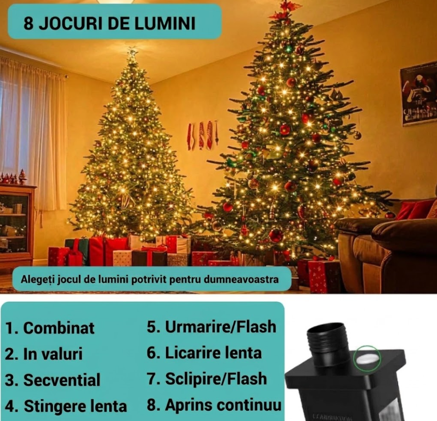 Instalație Luminoasă Cascadă pentru Brad, Pom de Craciun, 400 LED Alb Cald, Priza, 8 Moduri, IP44 [6]