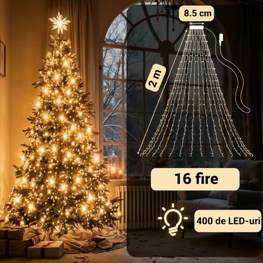 Instalație Luminoasă Cascadă pentru Brad, Pom de Craciun, 400 LED Alb Cald, Priza, 8 Moduri, IP44 [7]