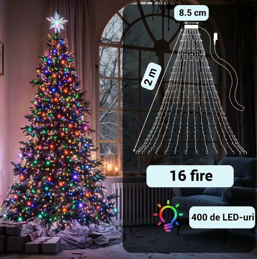 Instalație Luminoasă Cascadă pentru Brad, Pom de Craciun, 400 LED Multicolor, Telecomandă, 8 Moduri, IP44 [2]