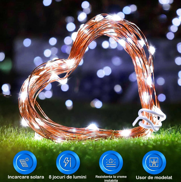 BZRSH Instalatie Luminoasa Solara Cupru 30m 300 LED 8 Efecte Telecomanda IP65 [7]