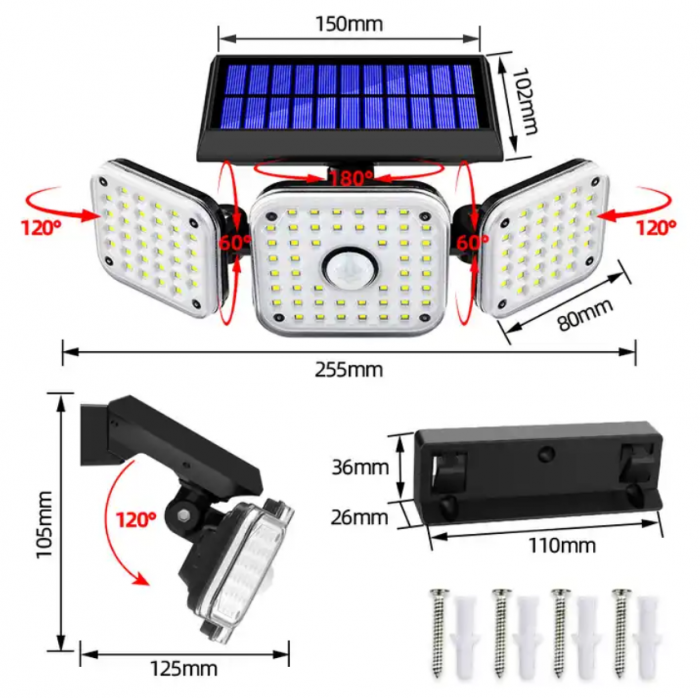Lampa solara 112 LED, 20W, senzor de miscare, 2400 mAh, 3 moduri de iluminare [5]