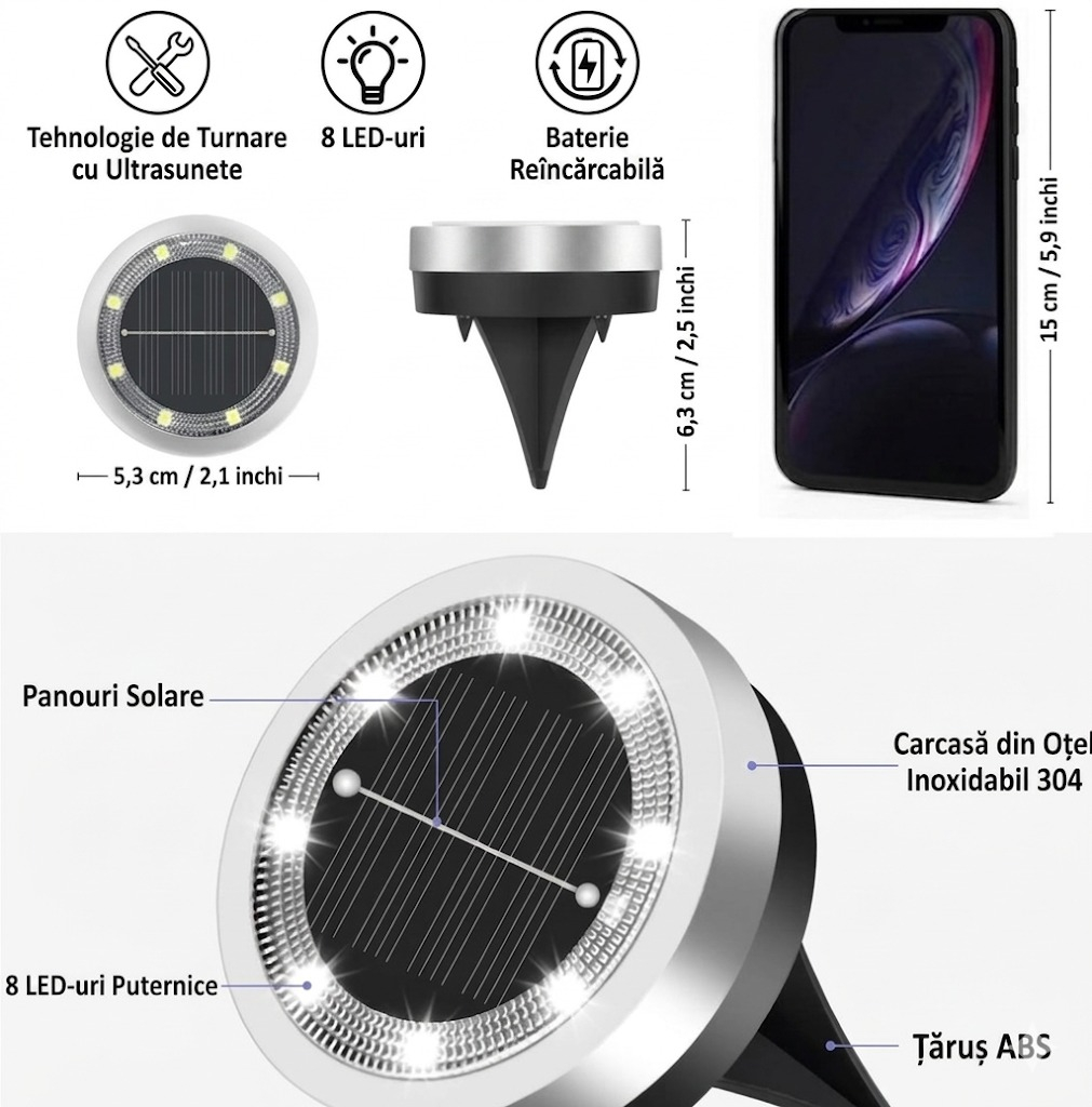 Lampă solară incastrată gazon, 8 LED-uri, inox IP65, lumină rece, pentru alee și grădină, set 8 buc [4]