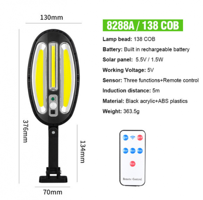 Lampa solara LED 138 COB, 30W, senzor de miscare, telecomanda, 3 moduri de functionare [7]
