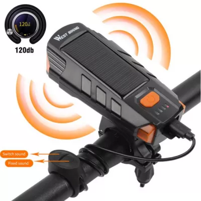 Far bicicletă LED 120 Lumen incarcare solară, USB, claxon [2]