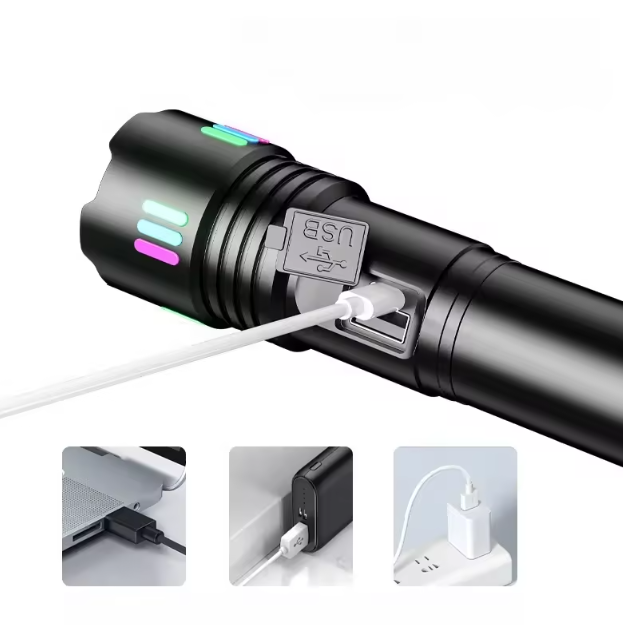 Lanterna LED BZRSH®, din aluminiu, sursa P45 Ultra-Bright, profesionala, focus ajustabil, acumulator inclus, rezistenta la apa, incarcare USB, 2000 lumeni, ecran LCD, Negru [6]