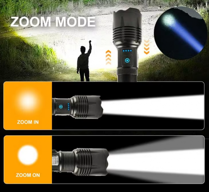 Lanterna LED BZRSH®, din aluminiu, sursa Ultra-Bright, profesionala, focus ajustabil, acumulator inclus 26650, rezistenta la apa, incarcare USB, 1000 lumeni, 3 moduri lumina, negru [5]
