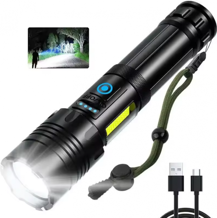 Lanterna LED BZRSH®, din aluminiu, sursa Ultra-Bright, profesionala, focus ajustabil, acumulator inclus 26650, rezistenta la apa, incarcare USB, 1000 lumeni, 3 moduri lumina, negru [4]