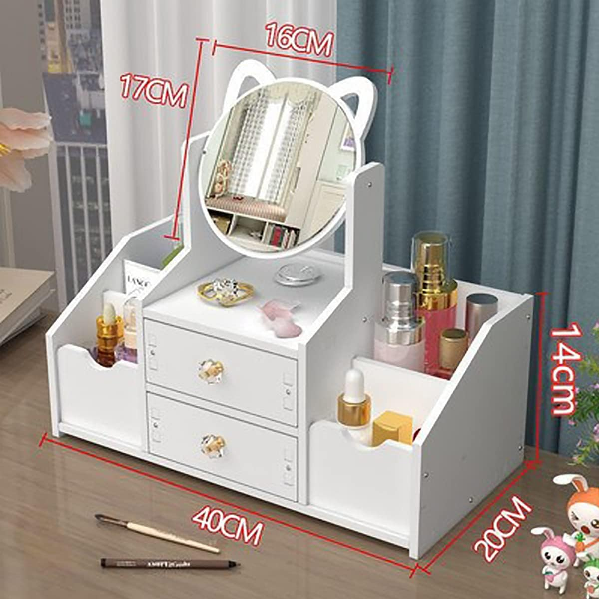 Organizator alb pentru cosmetice și bijuterii, cu sertare si oglinda, PVC 40 x 20 x 14 cm [2]