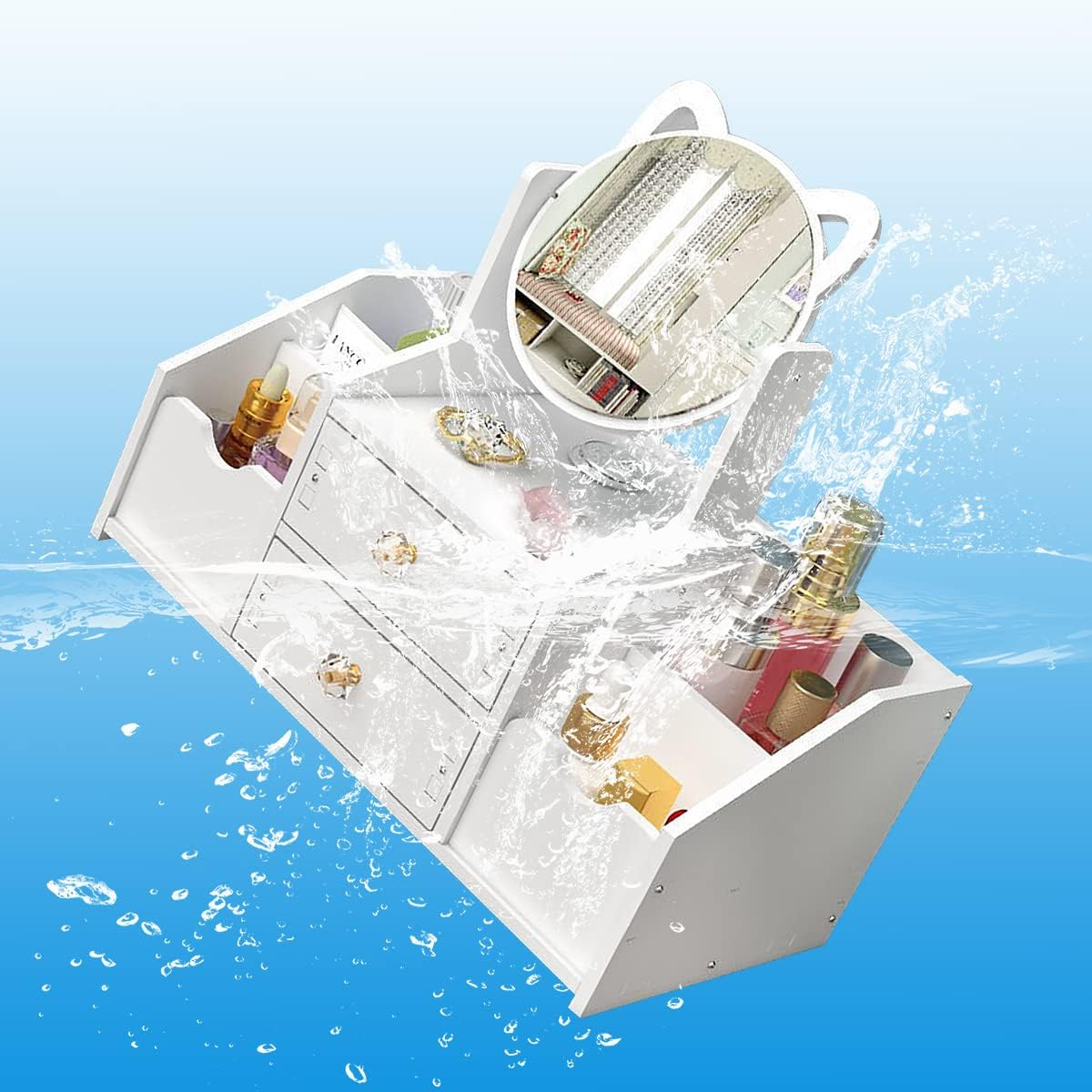 Organizator alb pentru cosmetice și bijuterii, cu sertare si oglinda, PVC 40 x 20 x 14 cm [3]