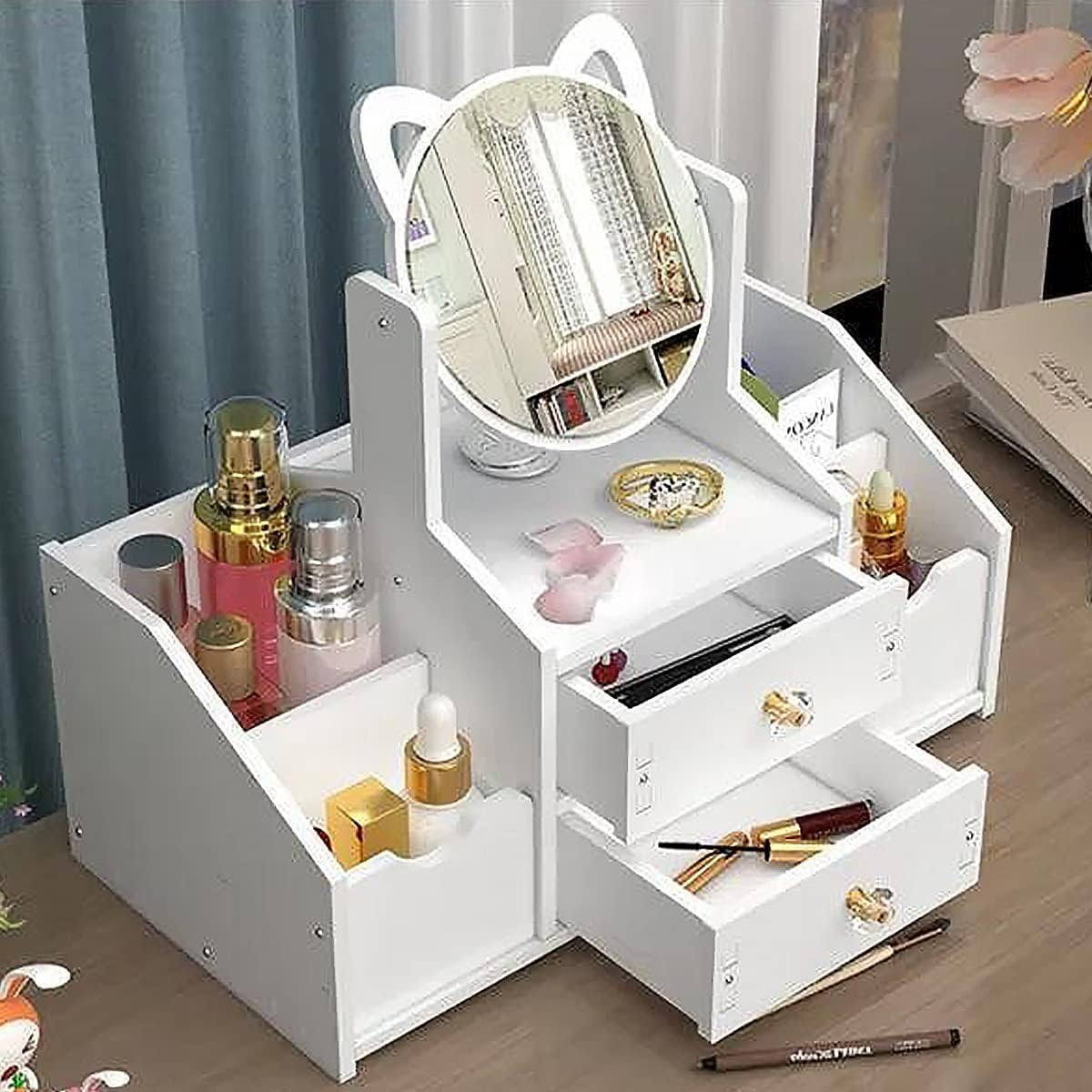 Organizator alb pentru cosmetice și bijuterii, cu sertare si oglinda, PVC 40 x 20 x 14 cm [4]