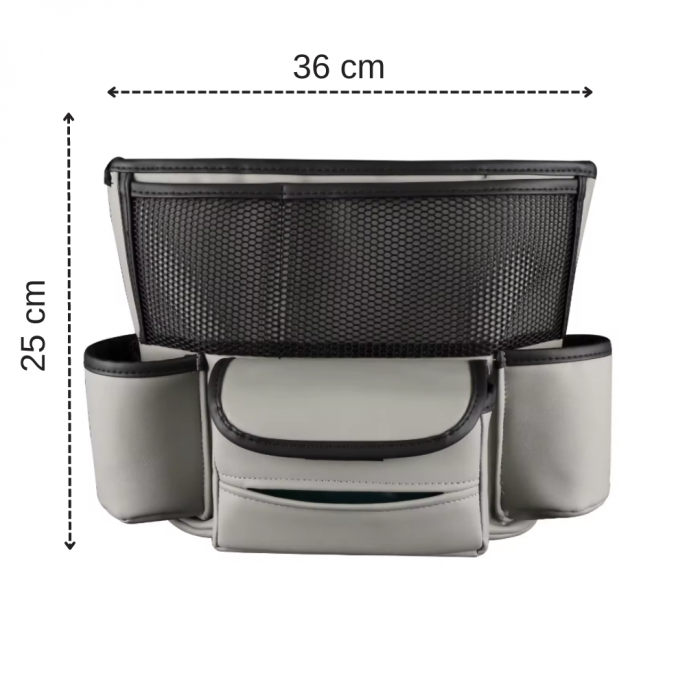 Organizator auto, multifunctional, 6 compartimente depozitare, compatibil cu orice masina, compartiment poseta, montare intre scaune, din piele, Gri, 36x25 cm [5]