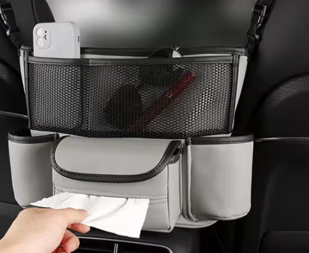 Organizator auto, multifunctional, 6 compartimente depozitare, compatibil cu orice masina, compartiment poseta, montare intre scaune, din piele, Gri, 36x25 cm [2]