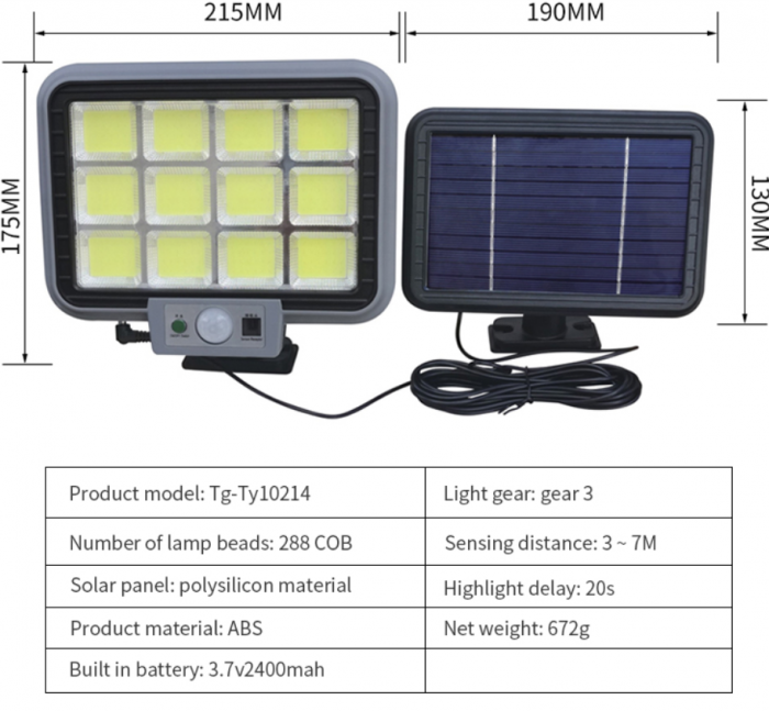 Proiector solar 288LED COB, 50W, senzor de miscare, telecomanda, 3 moduri de iluminare [3]