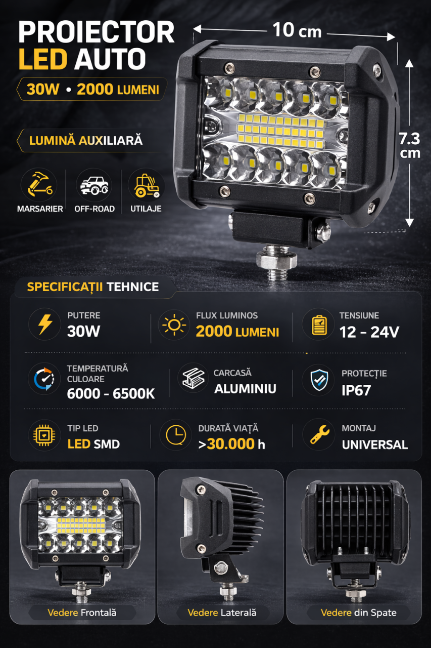 Proiector LED Auto 30W, 2000LM, Lumină Auxiliară Marsarier / Off-Road, 12-24V, Alb Rece 6000-6500K, Carcasă Aluminiu, IP67, Suport Reglabil, Universal SUV 4x4 ATV Utilaje [6]