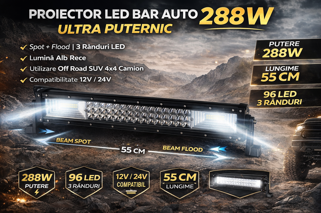 Proiector LED Bar 288W Ultra Puternic, 96 LED 55cm, 12V/24V, Off Road 3 Rânduri, Lumină Alb Rece pentru SUV 4x4 Camion ATV [4]