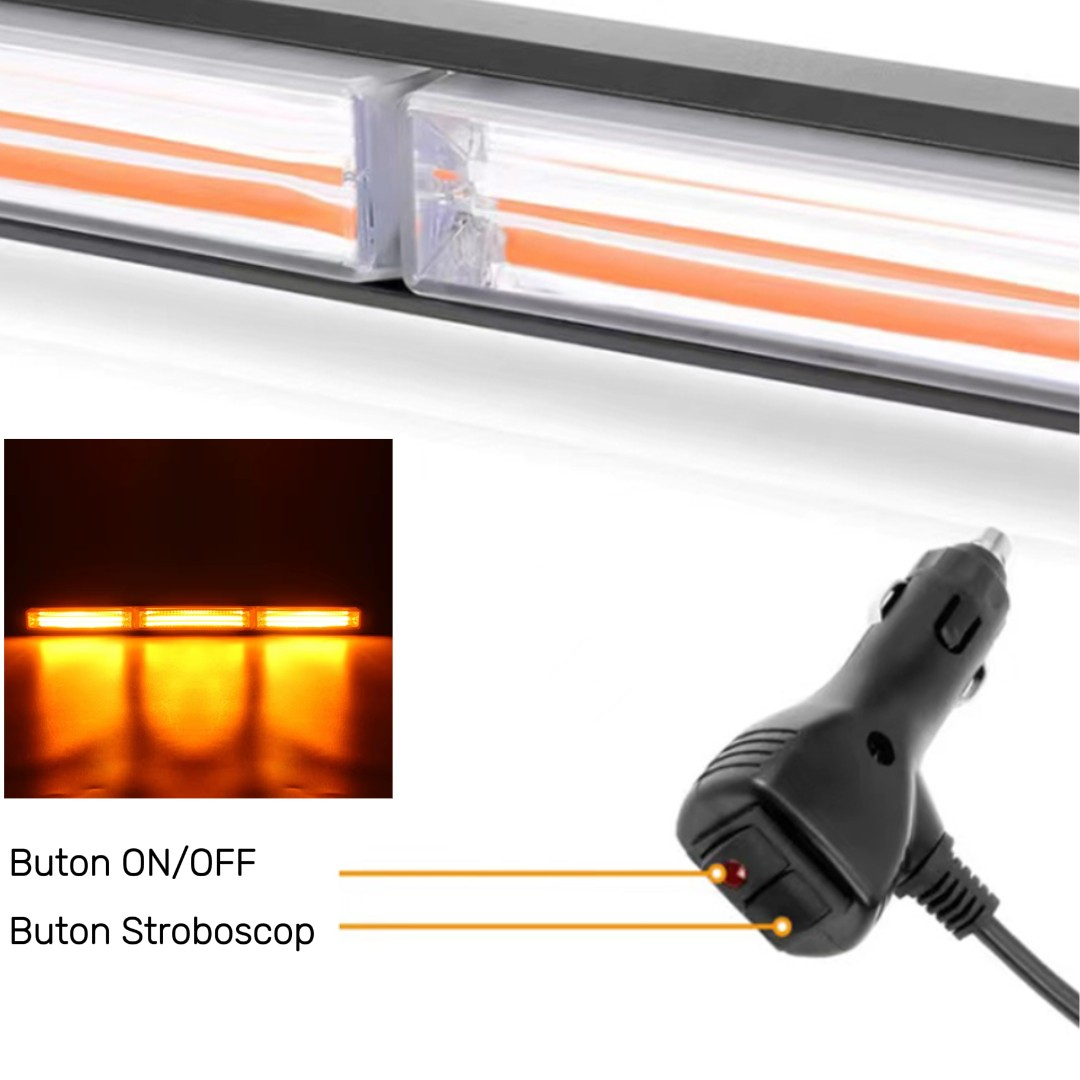 Rampa girofar cu magneti, 44cm cu bara dubla stroboscop, 12V-24V, prindere magnetica, lumina galbena [8]