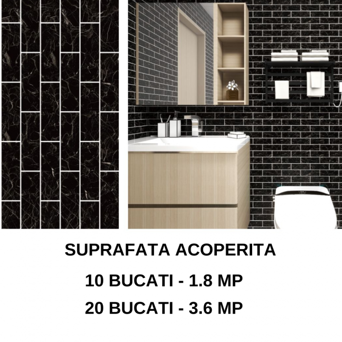 Set 10 x tapet autoadeziv decorativ BZRSH, spuma moale, lavabil, adeziv puternic, usor de montat, suprafata acoperire 1.8 mp, 30x60 cm, 1.7mm grosime, negru [4]