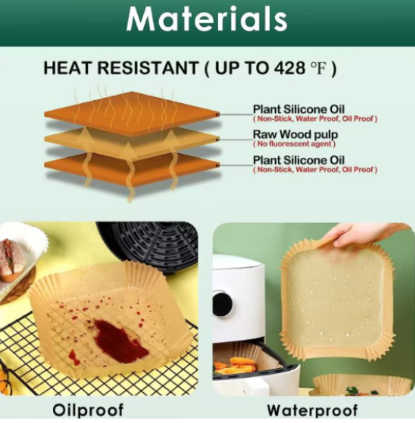 Set 100 hartii de copt pentru air fryer, Termorezistent, Maro 16 x 16 x 4.5 cm, patrat, TopBazar [3]