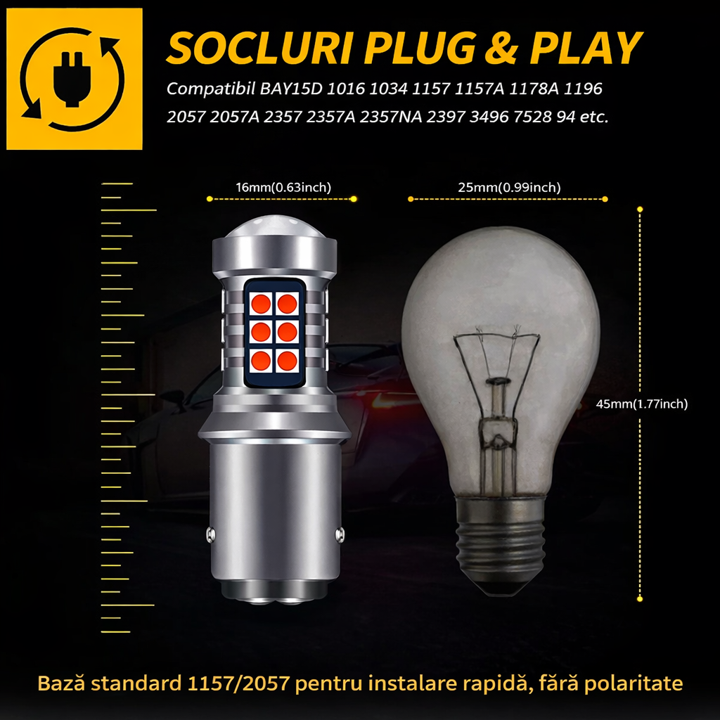 Set 2 becuri auto LED cu lupa 1157/BAY15D P21/5W, BZRSH®, cu 21 de LED-uri, 2 faze, lumina rosie, pozitie si stop pe frana [6]