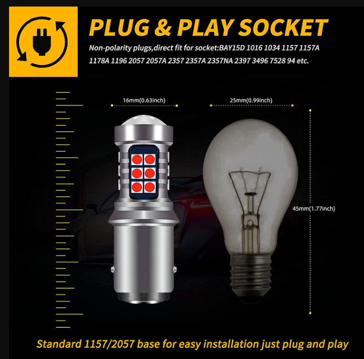 Set 2 becuri auto LED cu lupa 1157/BAY15D P21/5W, BZRSH®, cu 21 de LED-uri, 2 faze, lumina rosie, pozitie si stop pe frana [3]