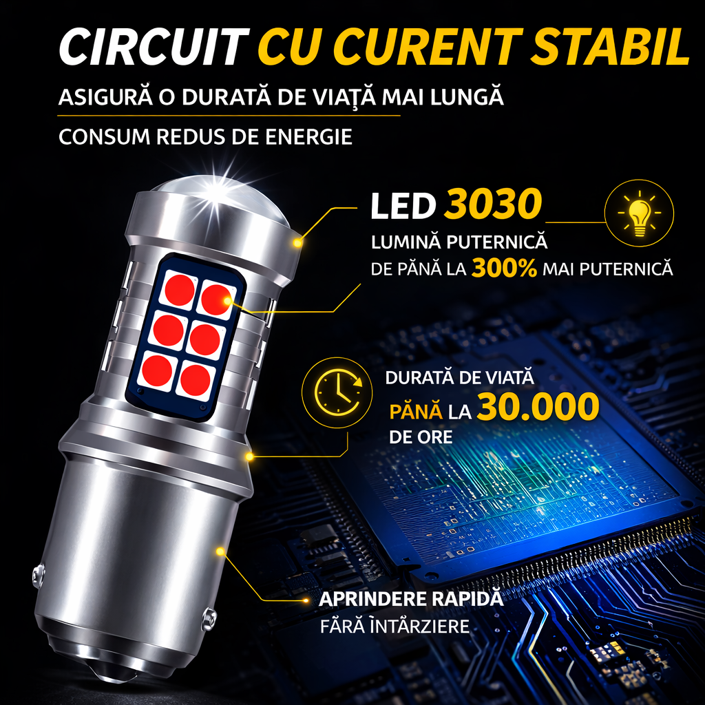 Set 2 becuri auto LED cu lupa 1157/BAY15D P21/5W, BZRSH®, cu 21 de LED-uri, 2 faze, lumina rosie, pozitie si stop pe frana [2]