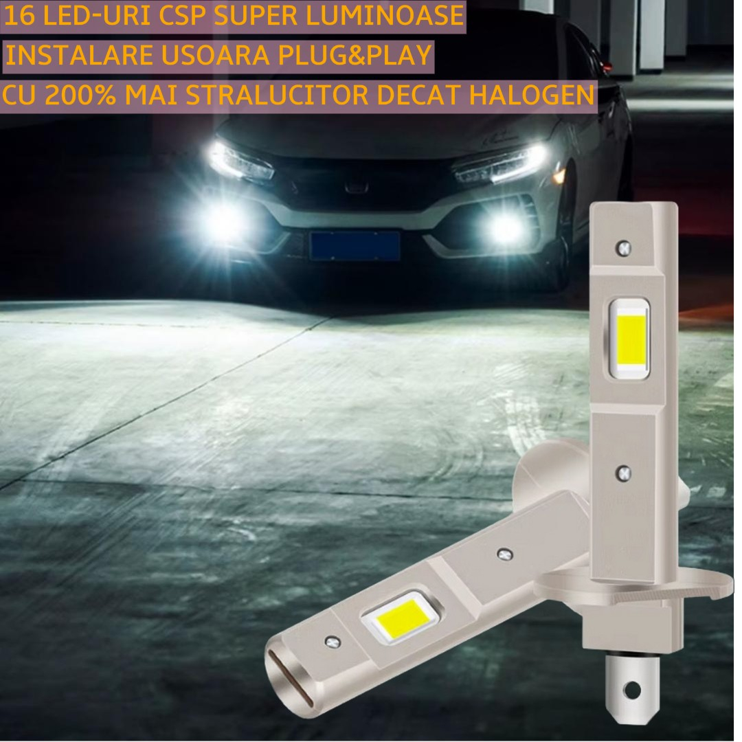 Set 2 Becuri Auto LED H1, BZRSH®, 12V, Bec H1 LED, 55W, 4500LM, Lumina Alb Rece 6000K, 16 LED/Bec, Montaj Plug & Play, LED H1 Faza Lunga si Scurta, Consum Redus [2]