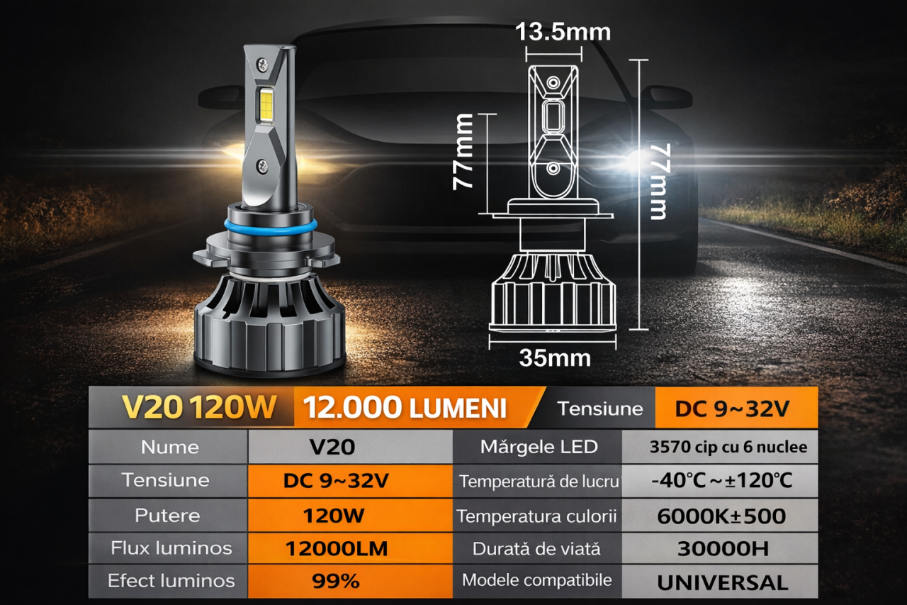 Set 2 becuri auto LED H7, 9-32V, 120W, 6000K, Canbus, 12000Lm, BZRSH, fara eroare [2]