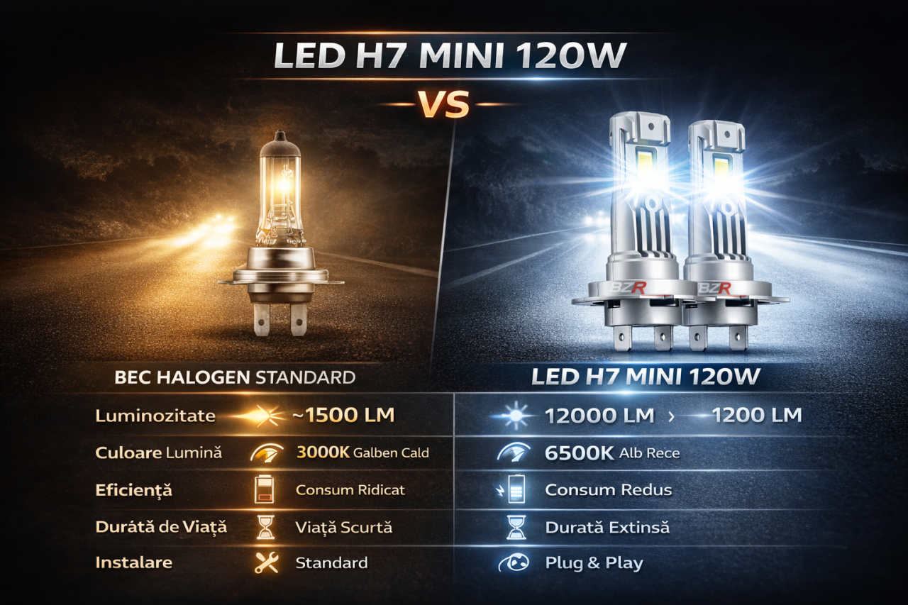 Set 2 Becuri Auto LED H7 Mini 120W – 12000 LM, Alb Rece 6500K, Canbus Integrat + Ventilator Răcire, Plug & Play, 12-18V [5]