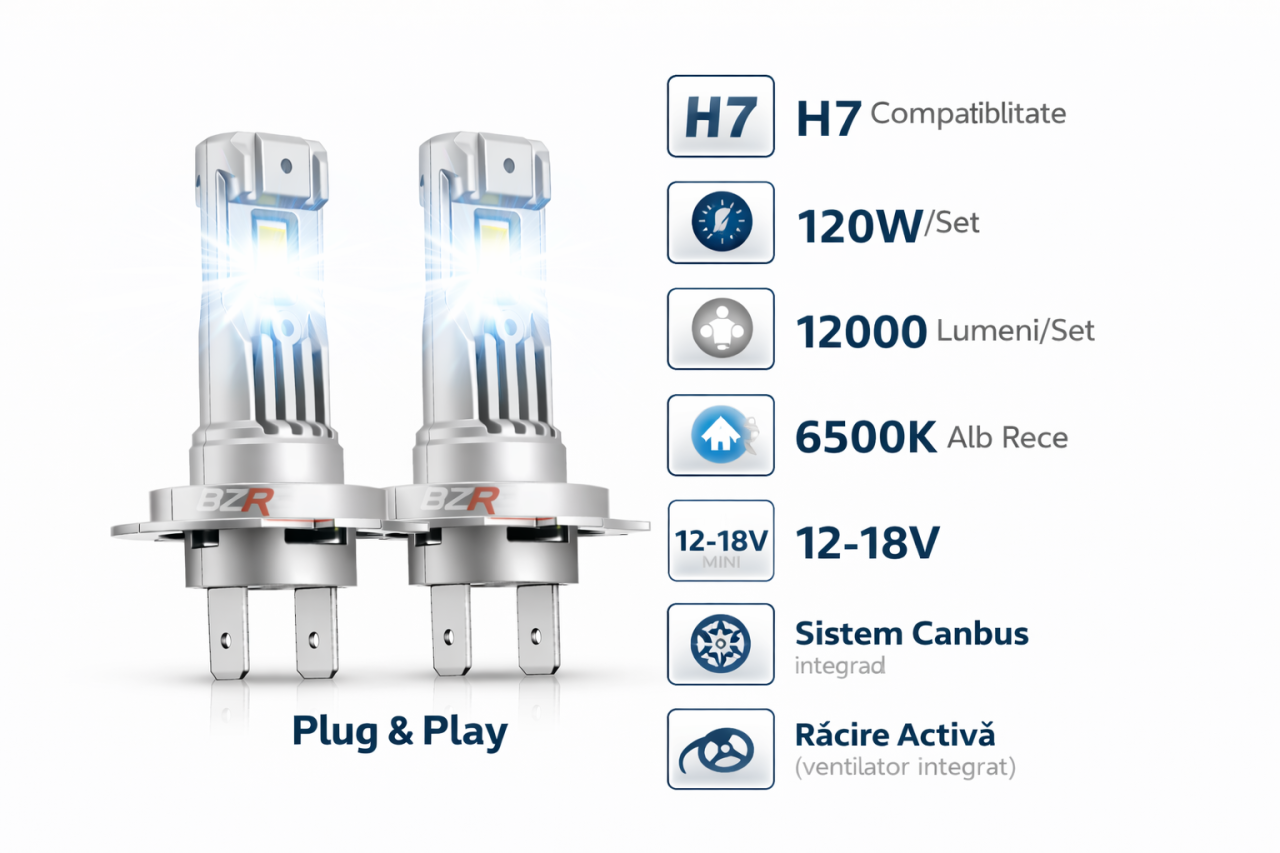 Set 2 Becuri Auto LED H7 Mini 120W – 12000 LM, Alb Rece 6500K, Canbus Integrat + Ventilator Răcire, Plug & Play, 12-18V [4]