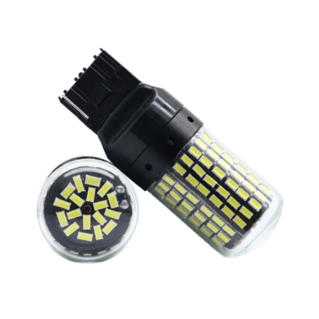 Set 2 becuri auto LED, T20, W21W, WY21W, 7440, 144 leduri, lumina alba rece, 12V, BZRSH, marsarier, lumini de zi, daylight, soclu T20 [3]
