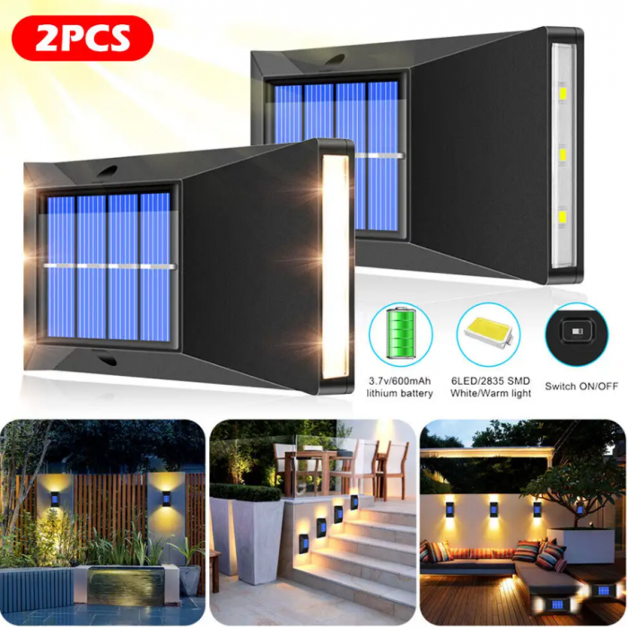 Set 2 lampi de perete, 6 LED, incarcare solara, alb cald, 15W [7]