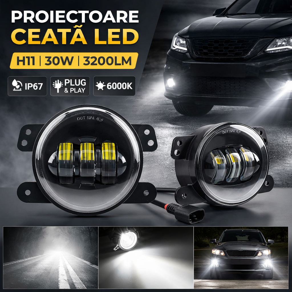 Set 2 proiectoare ceata LED Dacia, Renault, Nissan, lumina alba, diamentru 3.5" / 98mm, 30W, 12V, carcasa aluminiu, mufa H11, BZRSH [2]