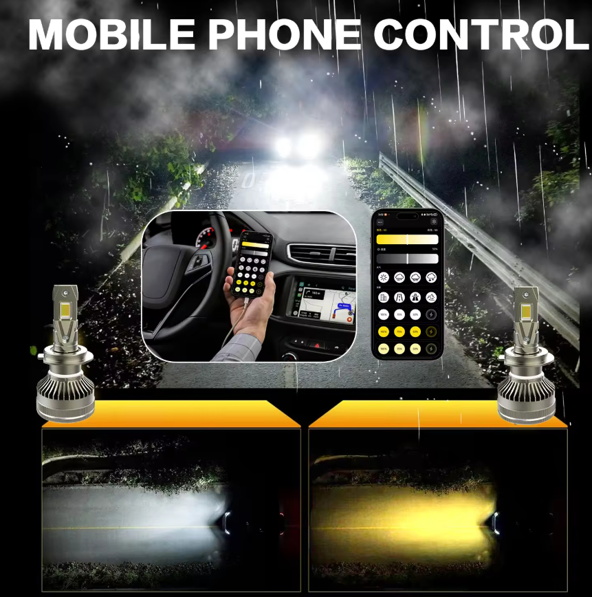 Set 2x Becuri LED Auto H7, 210W, 27000LM, Control prin Aplicație, Alb/Galben – Premium LED Headlights, Super Canbus [4]