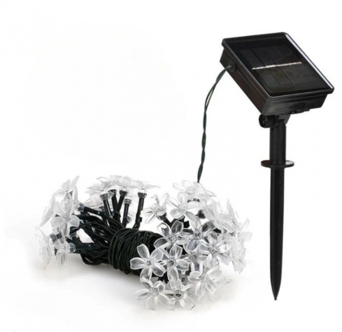 Set 2x Instalatie de gradina cu incarcare solara 50 LED, 5 metri cu flori de cires, alb cald [3]