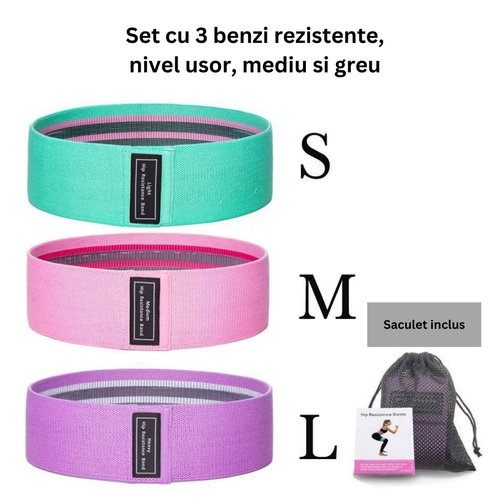 Set 3 benzi elastice fitness, 3 niveluri de rezistenta, pentru coapse, fese si picioare [6]