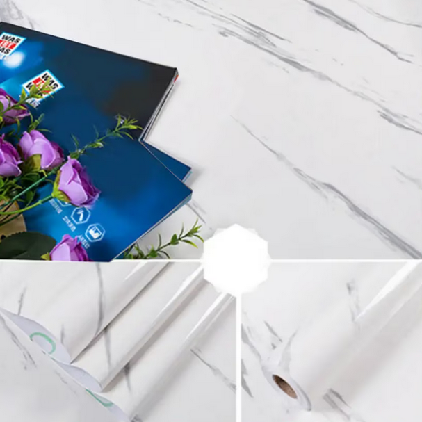 Folie Autoadezivă Marmură Albă 60x300 cm – Autocolant Decorativ Mobilă, Blat Bucătărie, Uși și Pereți, Impermeabilă, Aplicare Ușoară [4]