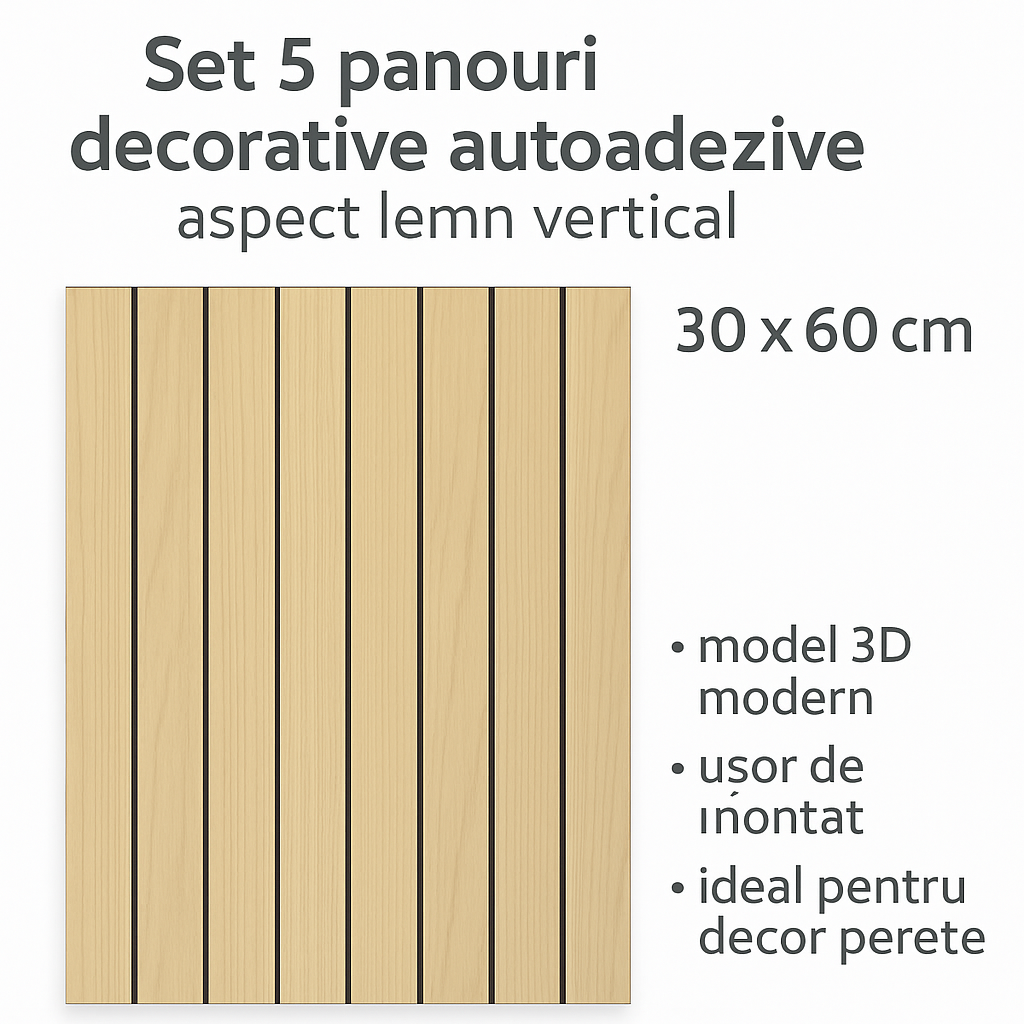 Set 5 panouri decorative autoadezive, aspect lemn vertical, 30x60cm, model 3D modern, pentru perete interior [2]