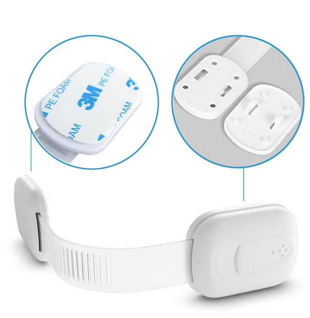 Set 6 bucati sisteme de siguranta copii ajustabile, blocare sertare, dulap, frigider, WC, adeziv puternic, lungime 19 cm, alb [5]