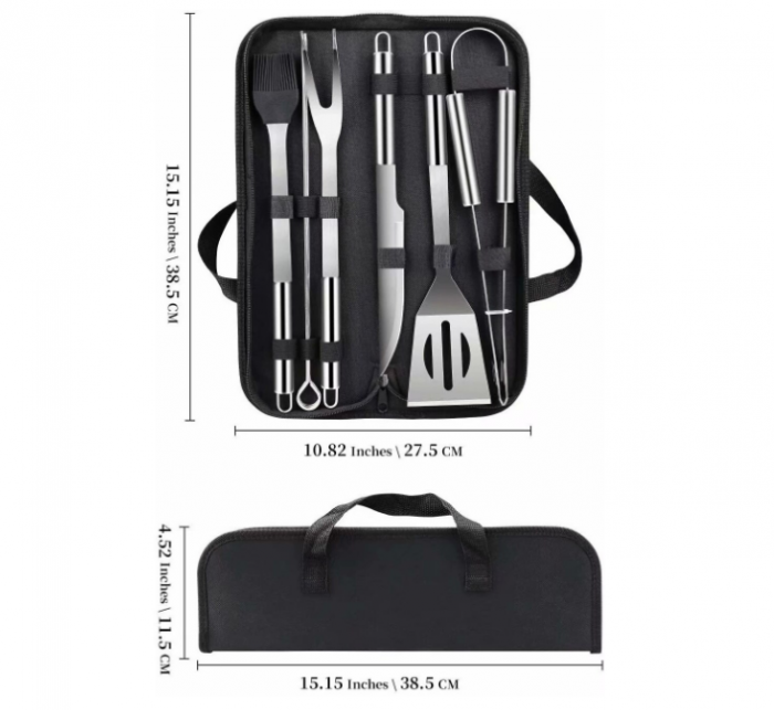 Set 9 ustensile pentru gratar, Inox, Geanta depozitare, Negru/Argintiu [3]