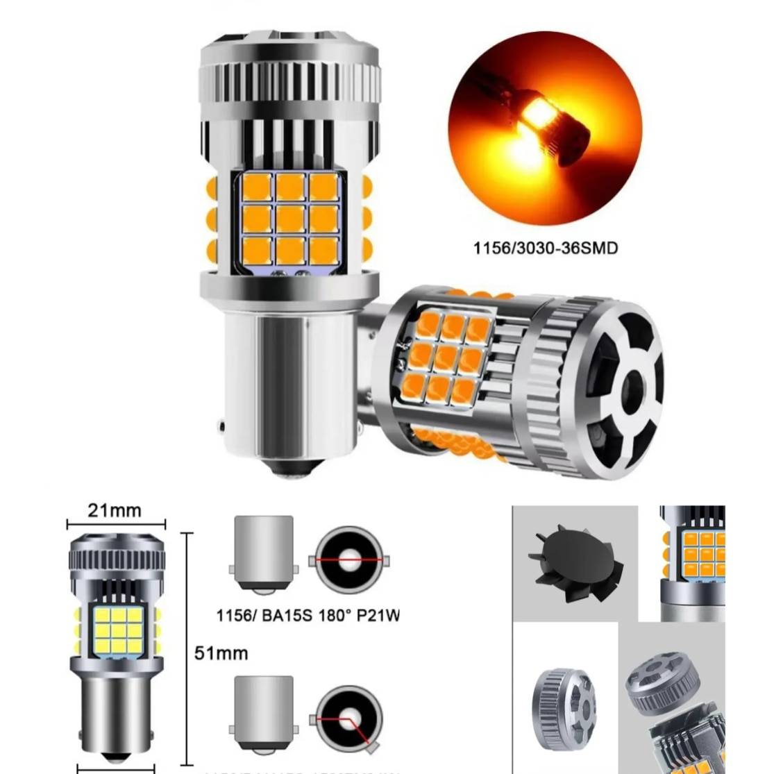 Set Becuri LED Galbene P21W BA15S 1156 CANBUS 12V, Ventilator Racire – BZRSH [3]
