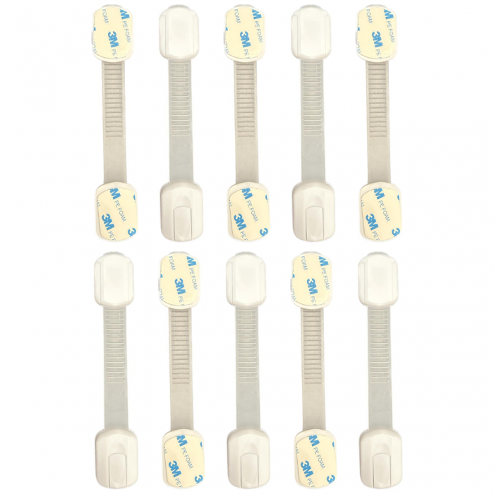 Siguranta usi copii, blocator sertare, dulap, usa cuptor, frigider, lungime reglabila, adeziv puternic 3M, BZRSH, set 10 bucati, alb [2]